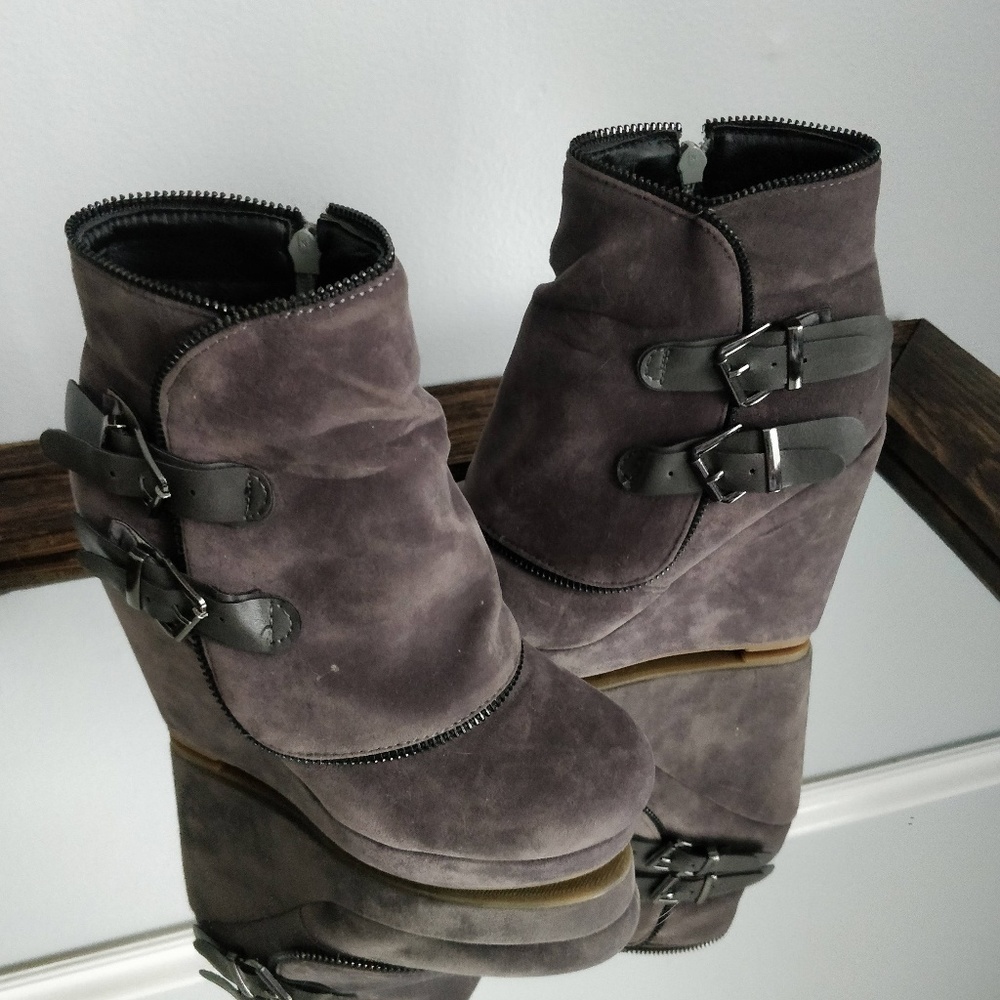 Gray Suede Wedge Booties